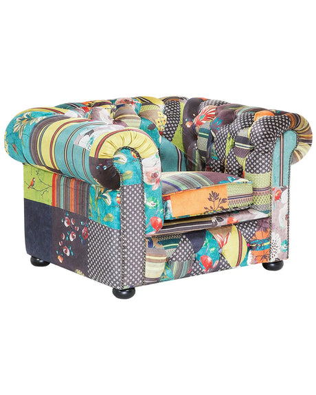 Armchair Multicolour Green and Yellow Fabric Tufted Scroll Arms Patchwork Eclectic Chesterfield Style Beliani
