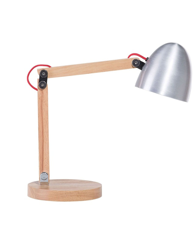 Desk Lamp Silver Metal Shade Adjustable Wooden Arm 62H cm Industrial Table Lamp Beliani