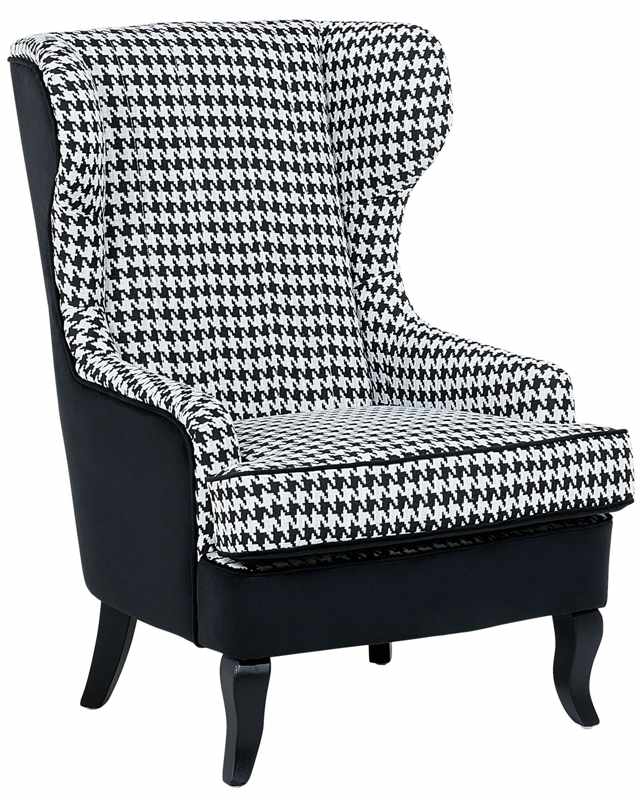 Wingback Chair Black and White Fabric Houndstooth Armchair Button Tufted Wooden Legs Beliani