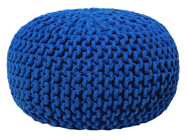Pouf Ottoman Dark Blue Knitted Cotton EPS Beads Filling Round Small Footstool 40 x 25 cm Beliani