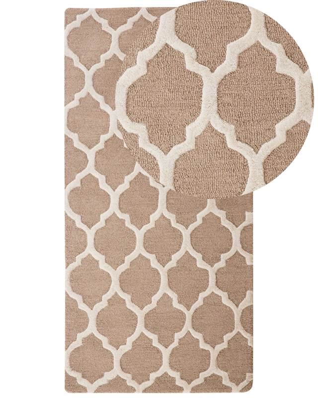 Rug Beige Wool 80 x 150 cm Trellis Quatrefoil Pattern Hand Tufted Oriental Moroccan Clover Beliani