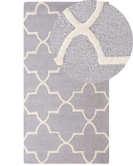 Rug Grey Wool 80 x 150 cm Trellis Quatrefoil Pattern Hand Tufted Oriental Moroccan Clover Beliani