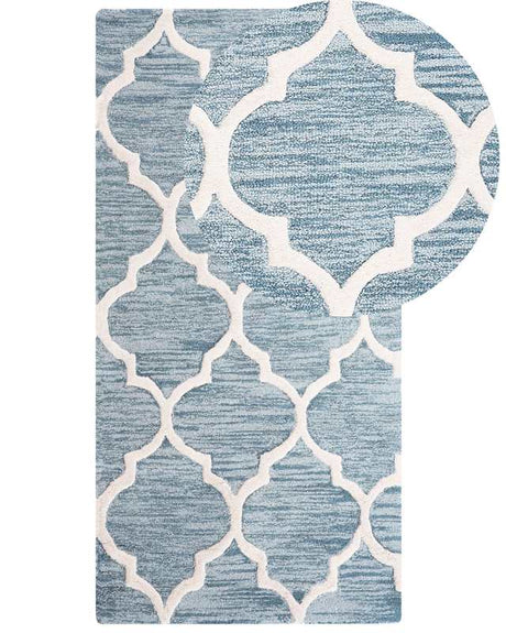 Rug Blue Wool 80 x 150 cm Trellis Quatrefoil Pattern Hand Tufted Oriental Moroccan Clover Beliani