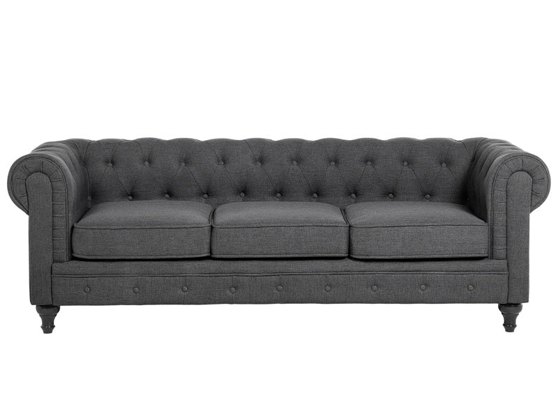 3 Seater Sofa Grey Fabric Tufted Scroll Arms Traditional Beliani