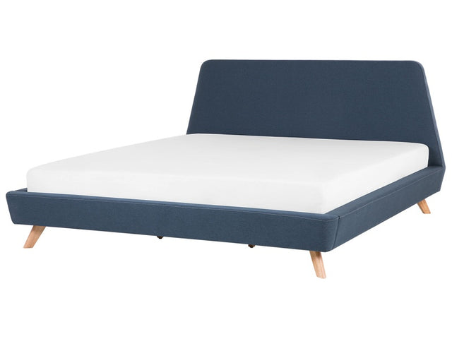 Bed Frame Blue Fabric Upholstery Light Wood Legs EU Super King Size 6ft Retro Beliani