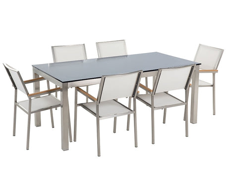 Garden Dining Set White with Black Glass Table Top 6 Seats 180 x 90 cm Beliani