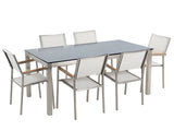 Garden Dining Set White with Black Glass Table Top 6 Seats 180 x 90 cm Beliani