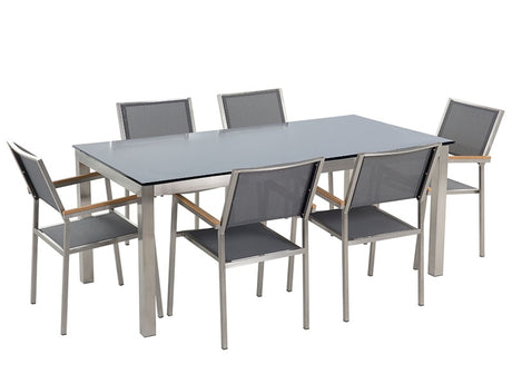 Garden Dining Set Grey with Black Glass Table Top 6 Seats 180 x 90 cm Beliani