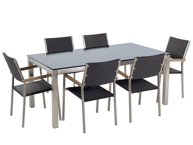 Garden Dining Set Black with Black Glass Table Top Rattan Chairs 6 Seats 180 x 90 cm Beliani