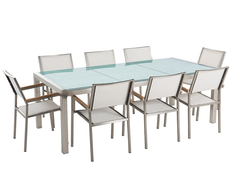 Garden Dining Set White with Cracked Glass Table Top 8 Seats 220 x 100 cm Beliani