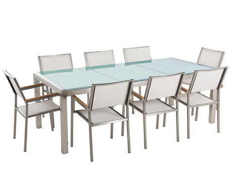 Garden Dining Set White with Cracked Glass Table Top 8 Seats 220 x 100 cm Beliani