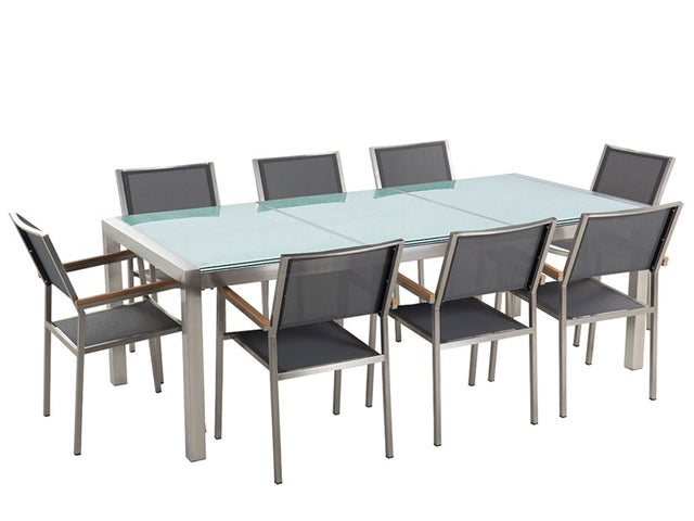 Garden Dining Set Grey with Cracked Glass Table Top 8 Seats 220 x 100 cm Beliani