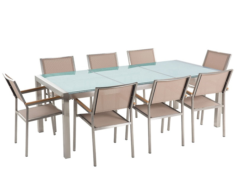 Garden Dining Set Beige with Cracked Glass Table Top 8 Seats 220 x 100 cm Beliani