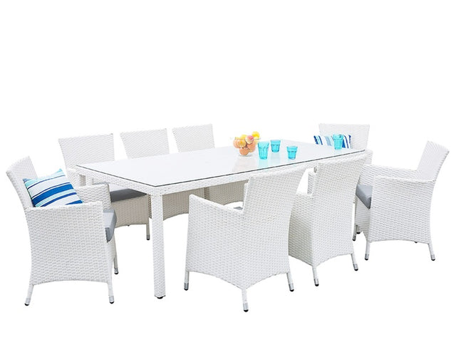 Garden Dining Set White Faux Rattan Grey Cushions Outdoor 8 Seater Rectangular Table Chairs Beliani