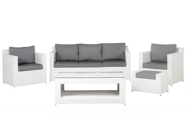 Garden Corner Sofa Set White Faux Rattan Grey Cushions 6 Seater with Table Ottoman Outdoor Scandinavian Modern Wicker Conversation Set Beliani