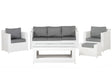 Garden Corner Sofa Set White Faux Rattan Grey Cushions 6 Seater with Table Ottoman Outdoor Scandinavian Modern Wicker Conversation Set Beliani