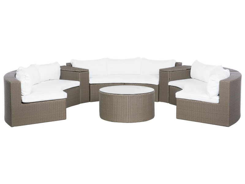 Garden Corner Sofa Set Brown Faux Rattan U-Shaped 9 Seater Curved White Cushions with Table Outdoor Wicker Conversation Set Beliani