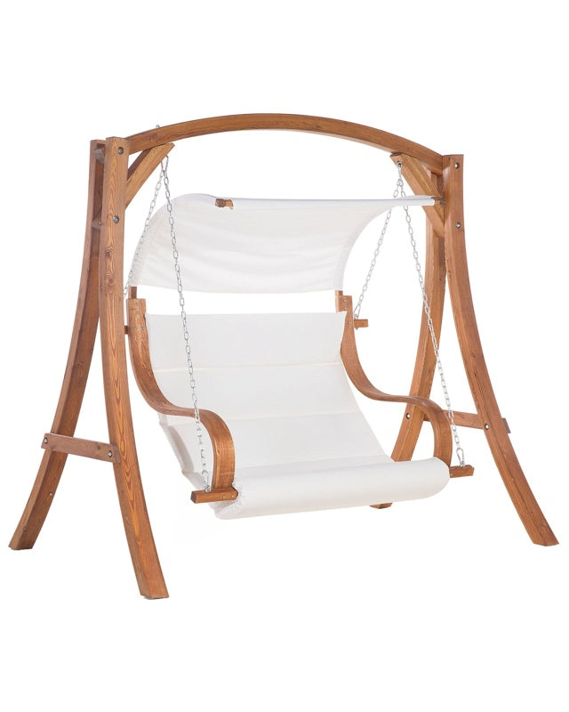 Garden Swing Seat Larch Wood Frame White Fabric Outdoor 2-Seater with Canopy Beliani