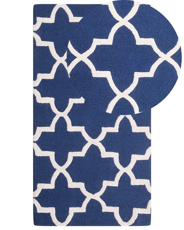 Area Rug Blue Wool 80 x 150 cm Trellis Quatrefoil Pattern Hand Tufted Oriental Moroccan Clover Beliani