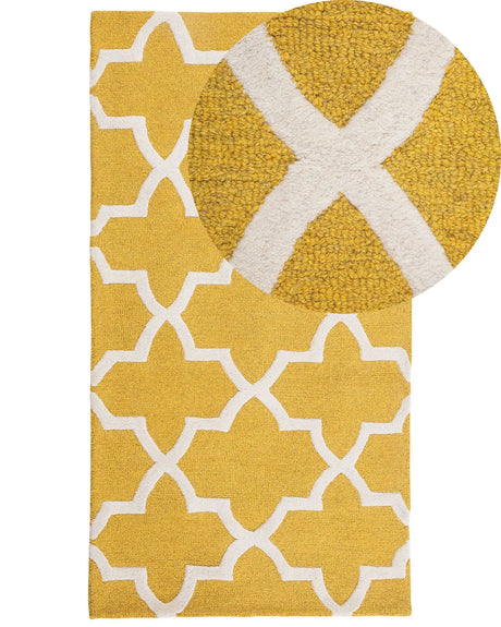 Area Rug Yellow Wool 80 x 150 cm Trellis Quatrefoil Pattern Hand Tufted Oriental Moroccan Clover Beliani