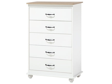 Chest of Drawers White with Light Wood 5 Drawers Sideboard Storage Unit Minimalistic Scandinavian Style Beliani