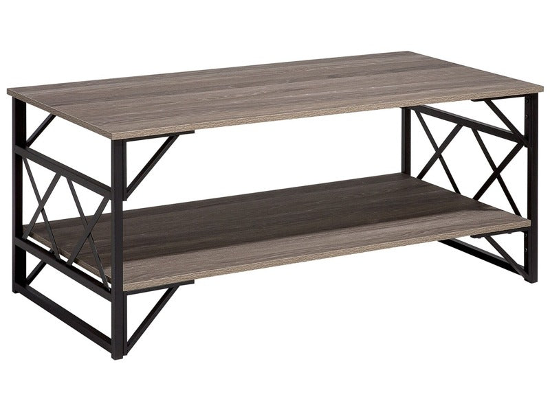 Coffee Table Taupe Wood Top Black Metal Frame Shelf 120 x 61 cm Industrial Style Particle Board Top Living Room Beliani