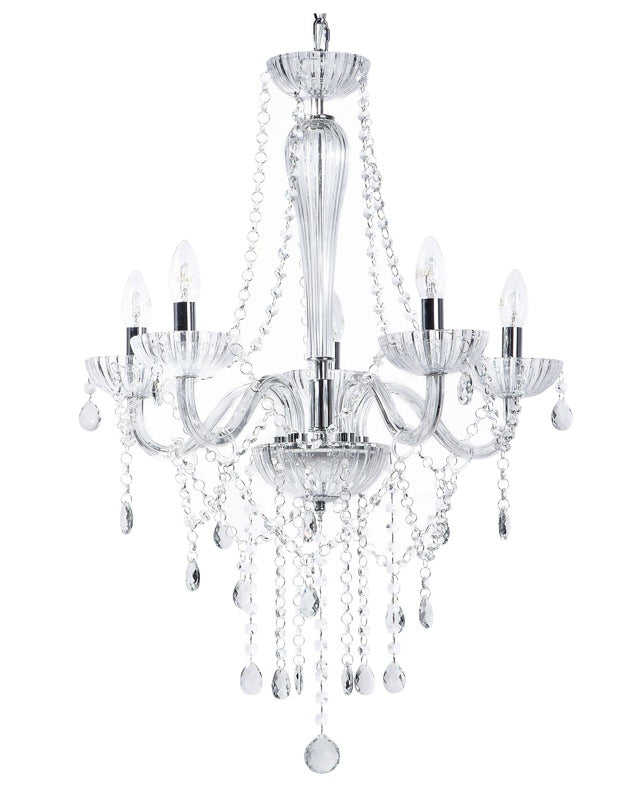 Ceiling Lamp Silver Metal 185 cm High Gloss Decorative Clear Crystal 5 Lights Glam Beliani