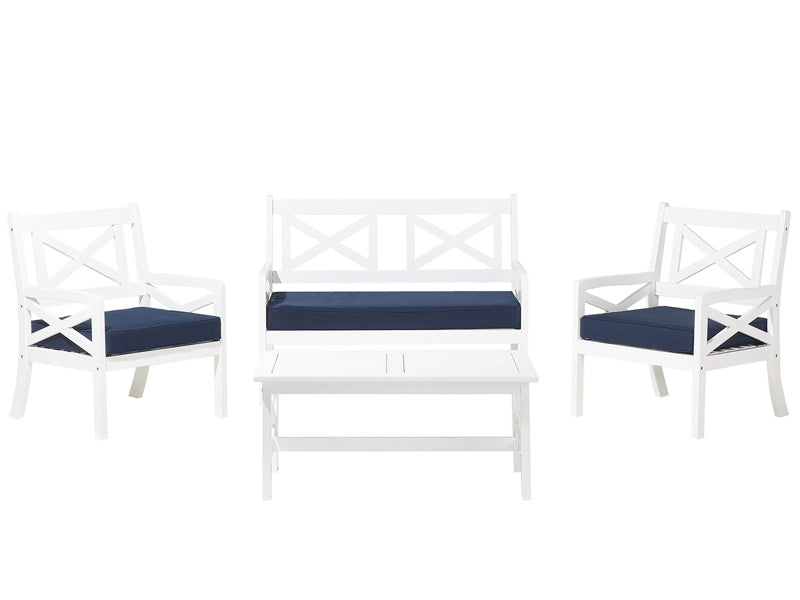 Garden Sofa Set White Acacia Wood Blue Cushions 4 Seater with Table Outdoor Conversation Set Beliani