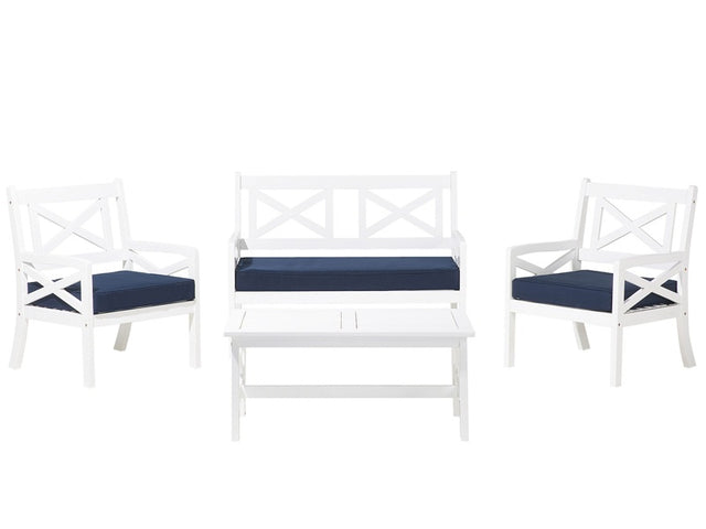 Garden Sofa Set White Acacia Wood Blue Cushions 4 Seater with Table Outdoor Conversation Set Beliani