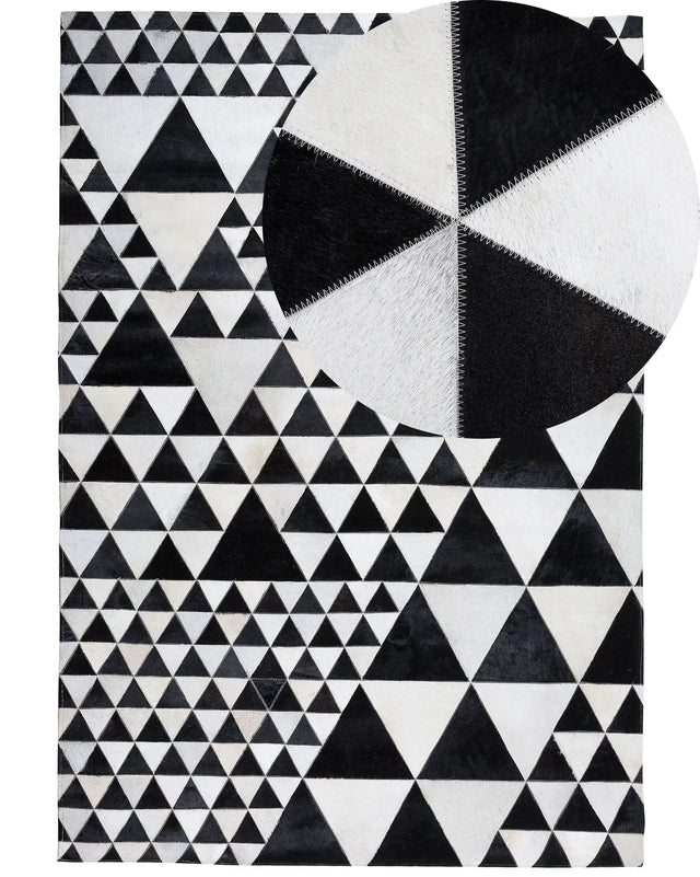 Rug Black and White Leather 140 x 200 cm Handcrafted Modern Beliani