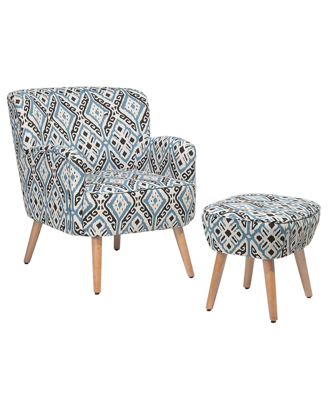 Armchair Multicolour Fabric Upholstery Footstool Wooden Legs Ikat Pattern Retro Boho Living Room Beliani