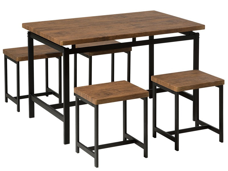 Dining Set Dark Wood Rectangular Top 120 x 75 cm Black Metal Frame 4 Seater with Stools Beliani