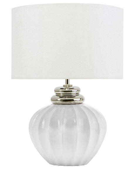 Table Lamp Bedside Off-White Ceramic Base Polycotton Drum Round Shade Beliani