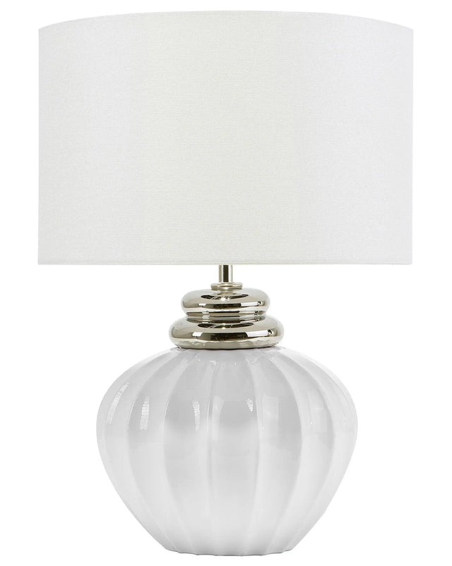 Table Lamp Bedside Off-White Ceramic Base Polycotton Drum Round Shade Beliani