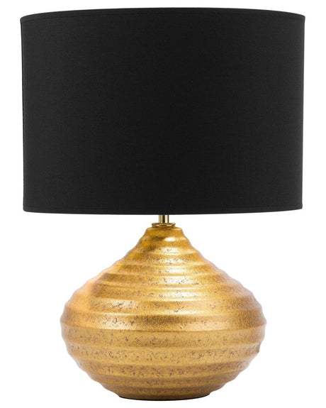 Table Lamp Gold Ceramic 42H cm Black Polycotton Shade Ribbed Base Modern Beliani