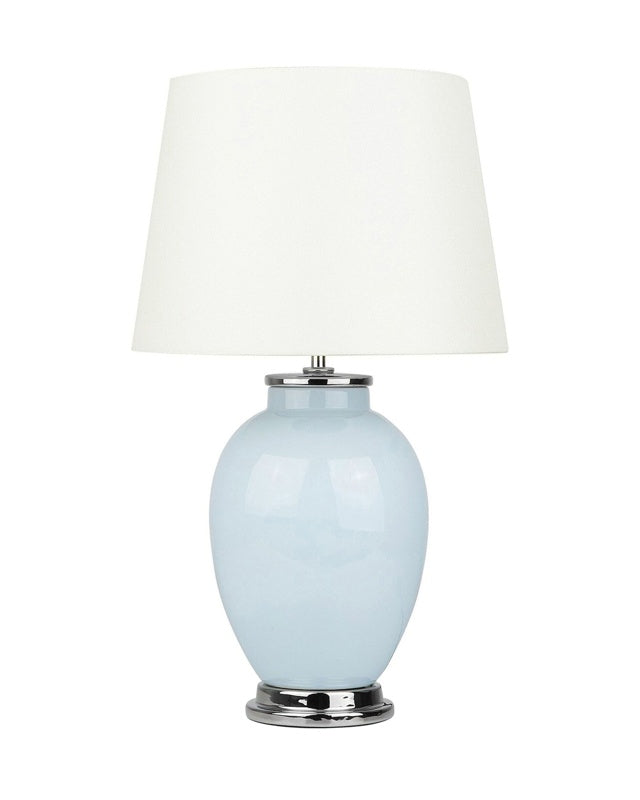 Table Lamp Bedside Light Blue Ceramic Base White Polycotton Round Empire Shade Beliani