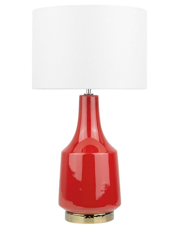 Table Lamp Bedside Light Red Ceramic Base Off-White Polycotton Drum Round Shade Beliani