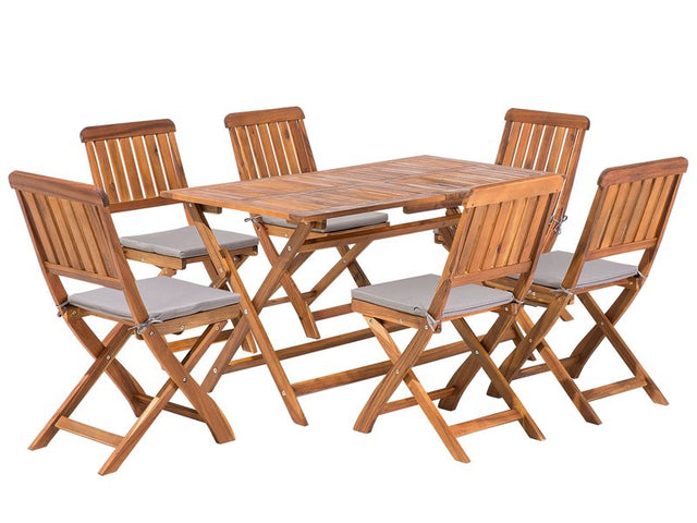 Garden Dining Set Acacia Wood Folding Chairs With Cushions 6 Seater 140 x 75 cm Beliani