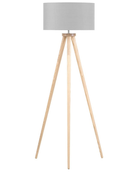 Floor Lamp Grey Polycotton 142H cm Oak Light Wood Tripod Legs Drum Shade Modern Beliani