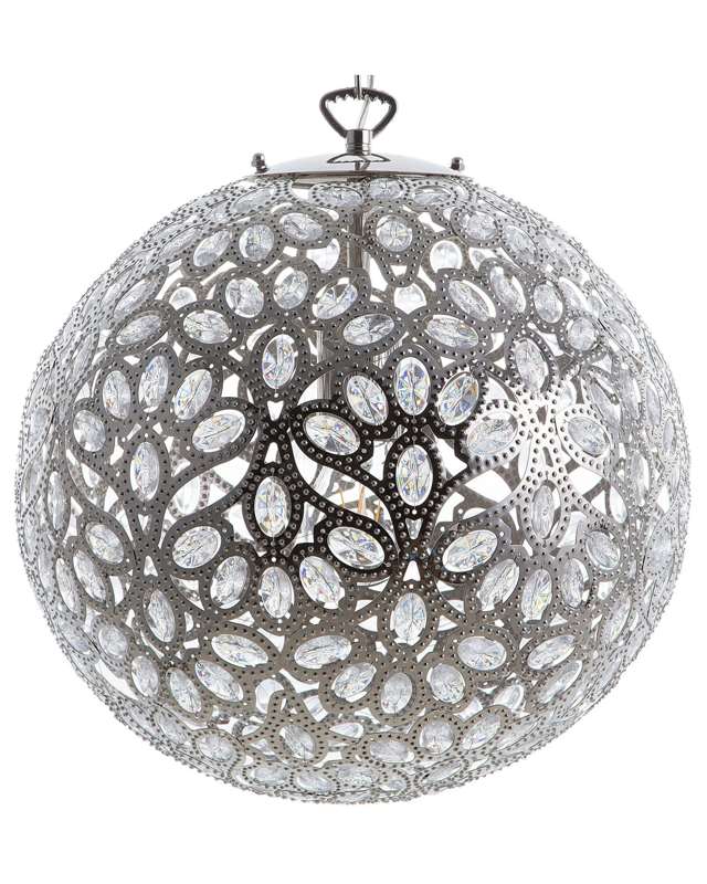 Ceiling Lamp Silver Metal 90 cm Pendant Floral Shade Crystals Oriental Boho Beliani