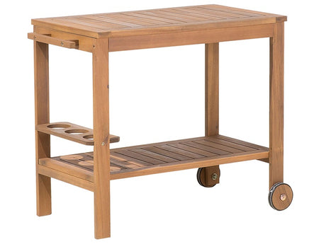 Garden Serving Cart Light Acacia Wood 47 x 95 cm Drinks Trolley 2 Tier Wheeled with Bottle Holder Rustic Style Beliani