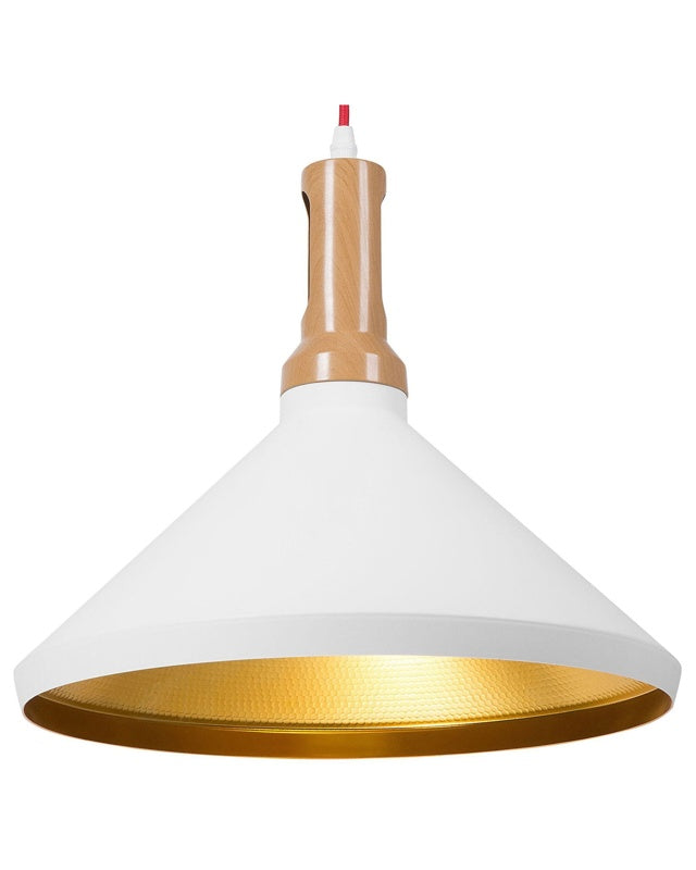 Hanging Light Pendant Lamp Withe with Gold and Light Wood Aluminium Cone Shade Industrial Design Beliani