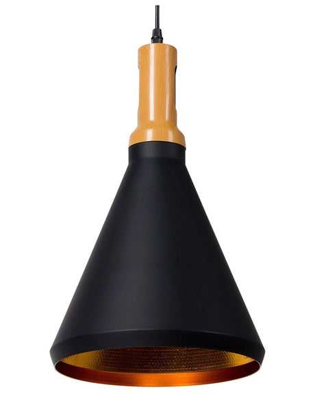 Hanging Light Pendant Lamp Black with Gold and Light Wood Aluminium Cone Shade Industrial Design Beliani