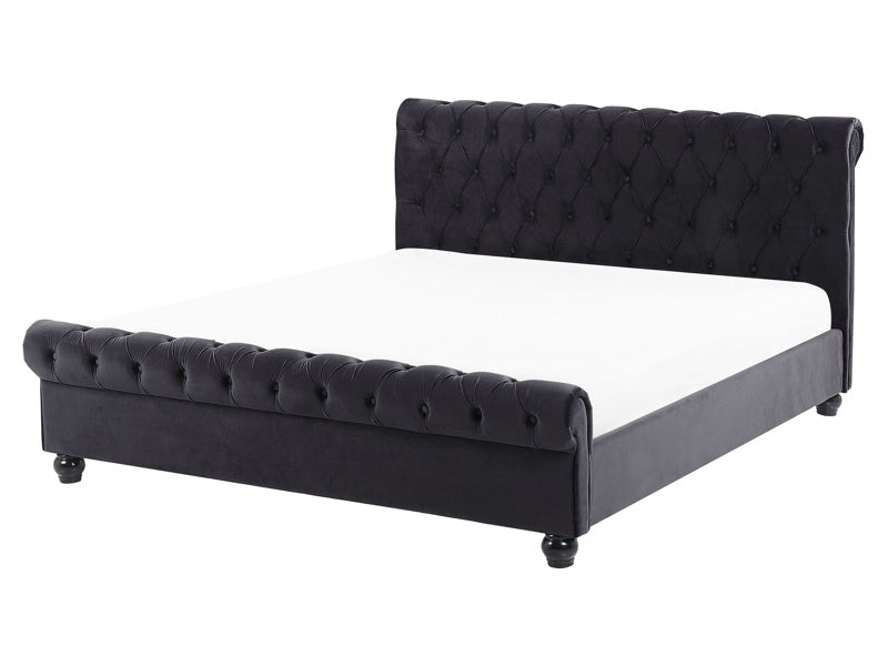 Bed Frame Black Velvet Upholstery Black Wooden Legs EU King Size 5ft3 Buttoned Glam Beliani