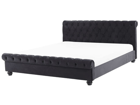 Bed Frame Black Velvet Upholstery Black Wooden Legs EU Super King Size 6ft Buttoned Glam Beliani