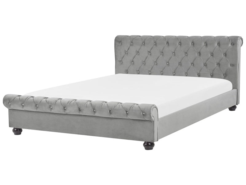 Bed Frame Grey Velvet Upholstery Black Wooden Legs EU Super King Size 6ft Buttoned Glam Beliani