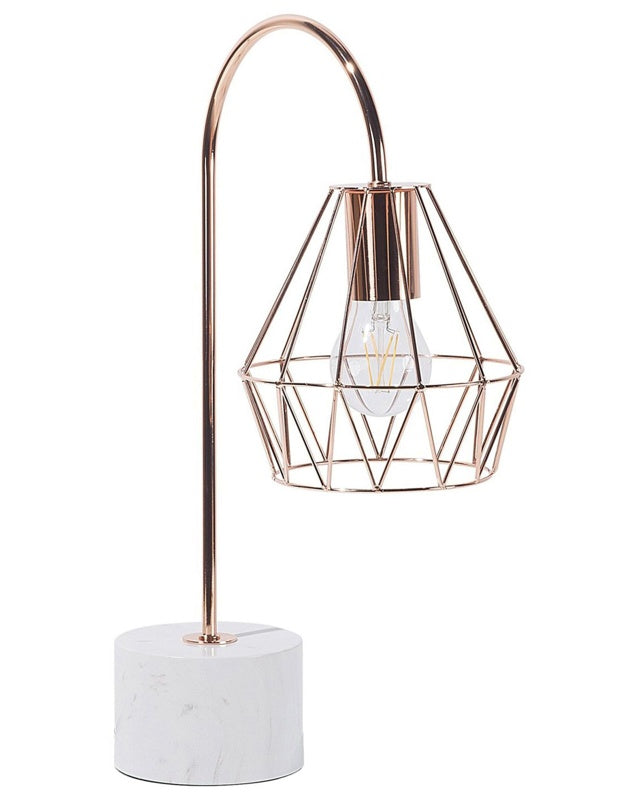 Table Lamp Desk Light Copper Metal Diamond Cage Shade Round Base Marble Look Beliani