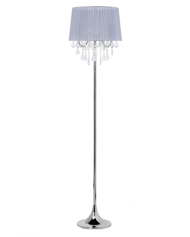 Floor Lamp Grey Polycotton 170 cm Drum Shade Crystal Beads Beliani