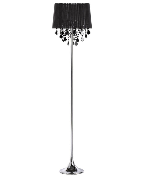 Floor Lamp Black Polycotton 170 cm Drum Shade Crystal Beads Beliani