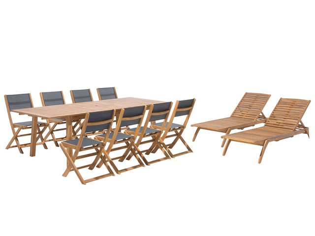 Garden Dining Set Light Wood Acacia Rectangular Table 8 Seater 2 Loungers 11 Piece Beliani